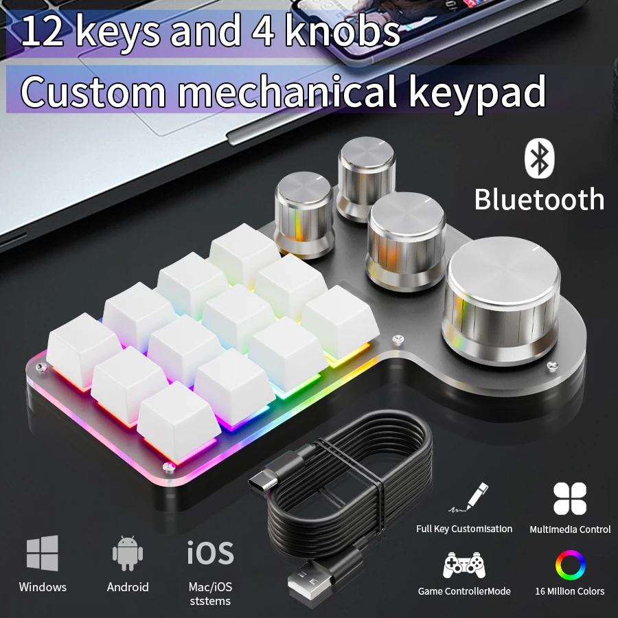 12 مفتاحًا 4 مقابض برمجة مخصصة لوحة مفاتيح ماكرو بلوتوث RGB لوحة المفاتيح الميكانيكية الألعاب فوتوشوب Hotswap Macropad اختصار مفتاح