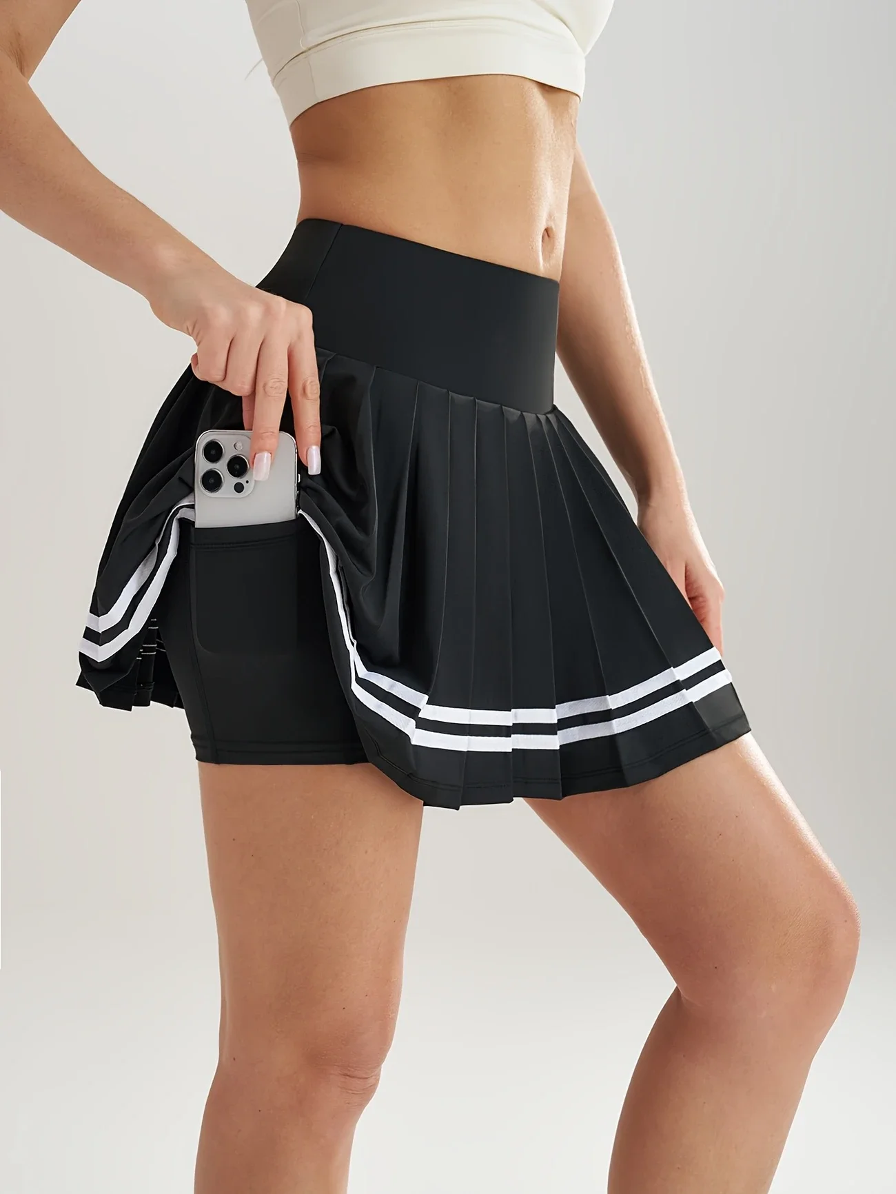Pleated Skirt 2-in-1 Tennis Skorts With Inner Pockets Bouffancy Stripe High Waist Sportwear Outwear Quick Dry Fitness For Women