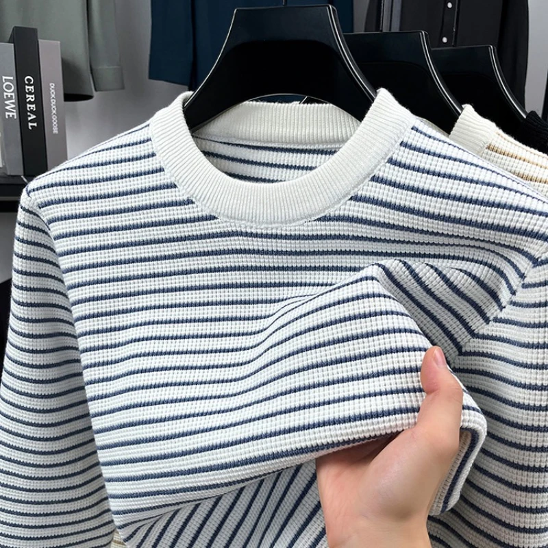 

​​Men's Waffle Knit Long Sleeve Shirt - White (Black/Beige) Round Neck Sweater Classic Striped Design​ Soft Touch Breathable