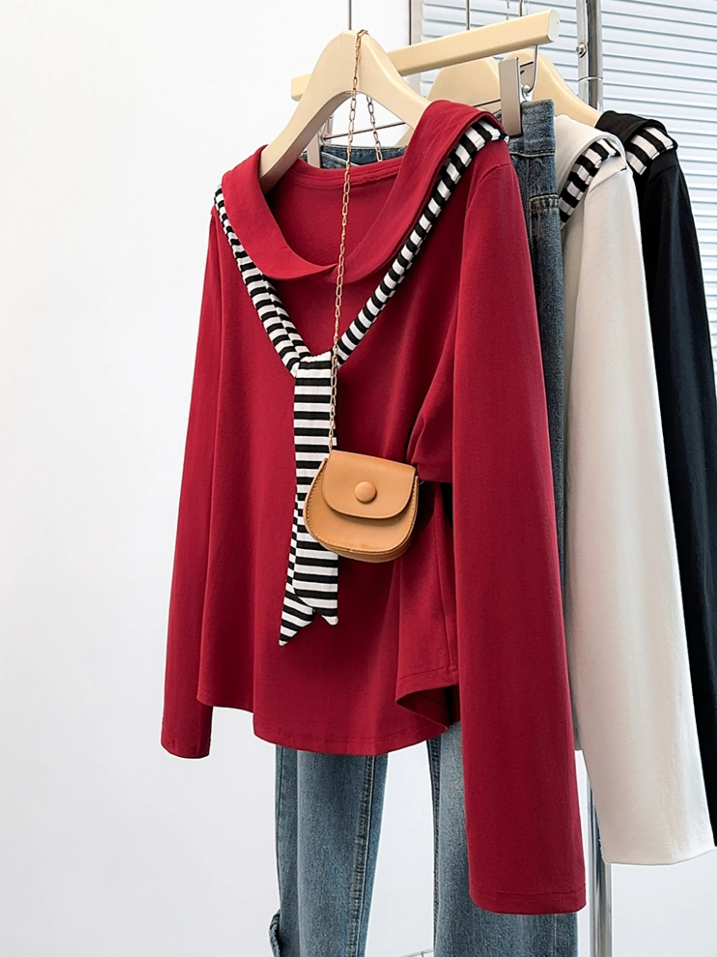 Striped Shoulder Wrap Long Sleeve T-Shirt Base Shirt Women Spring Autumn plus Size Fashionable Slimming Fake Two-Piece Top
