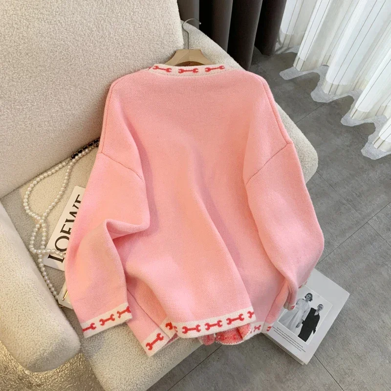 Women's Pink Pattern Cardigan Sweater Harajuku Korean Y2k Long Sleeves V-Neck Sweaters Jumper Vintage 2000s Clothes Autumn 2024