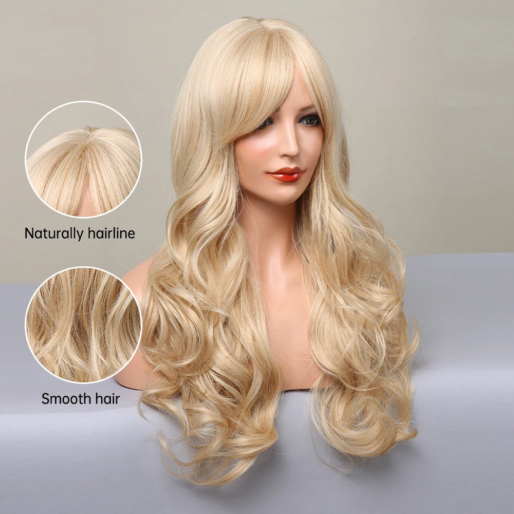 Lolita Blonde Wigs Long Curly Wavy Synthetic with Bangs Blonde Party Daily Wig Hair for Women Girls Heat Resistant Fiber