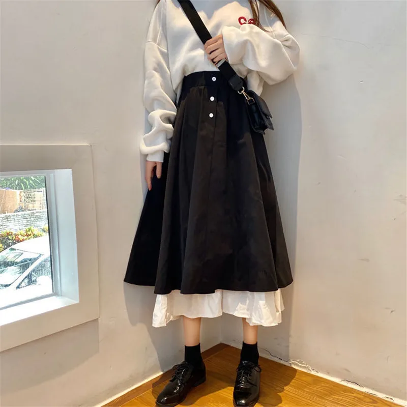 Autumn Women Skirts High Waist Student Korean Style Dark Vintage Patchwork Long A-line Simply Skirt Skirts Women Fashion 2023