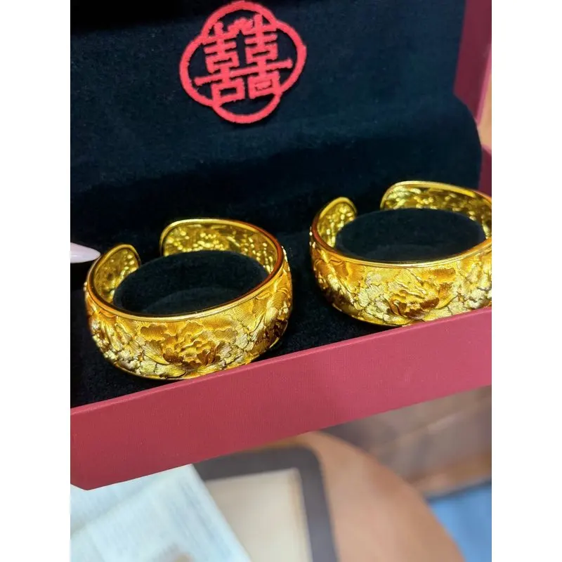 24k 999 gold bracelet, ancient craftsmanship, peony design, wide open bangle, wedding bracelet for women, traditional wedding
