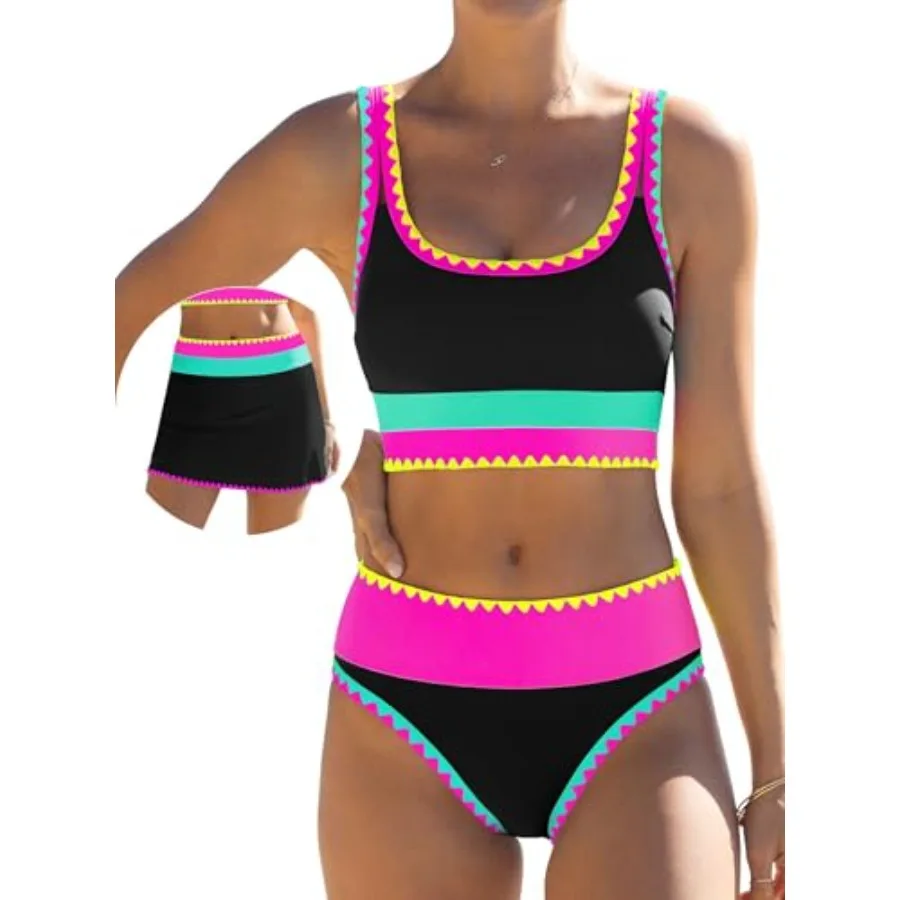 

popvil High Waisted Bikini Sets for Women Tummy Control Swimsuits 3 Pcs Bathing Suits Neon Swimwear with Skirt 2026