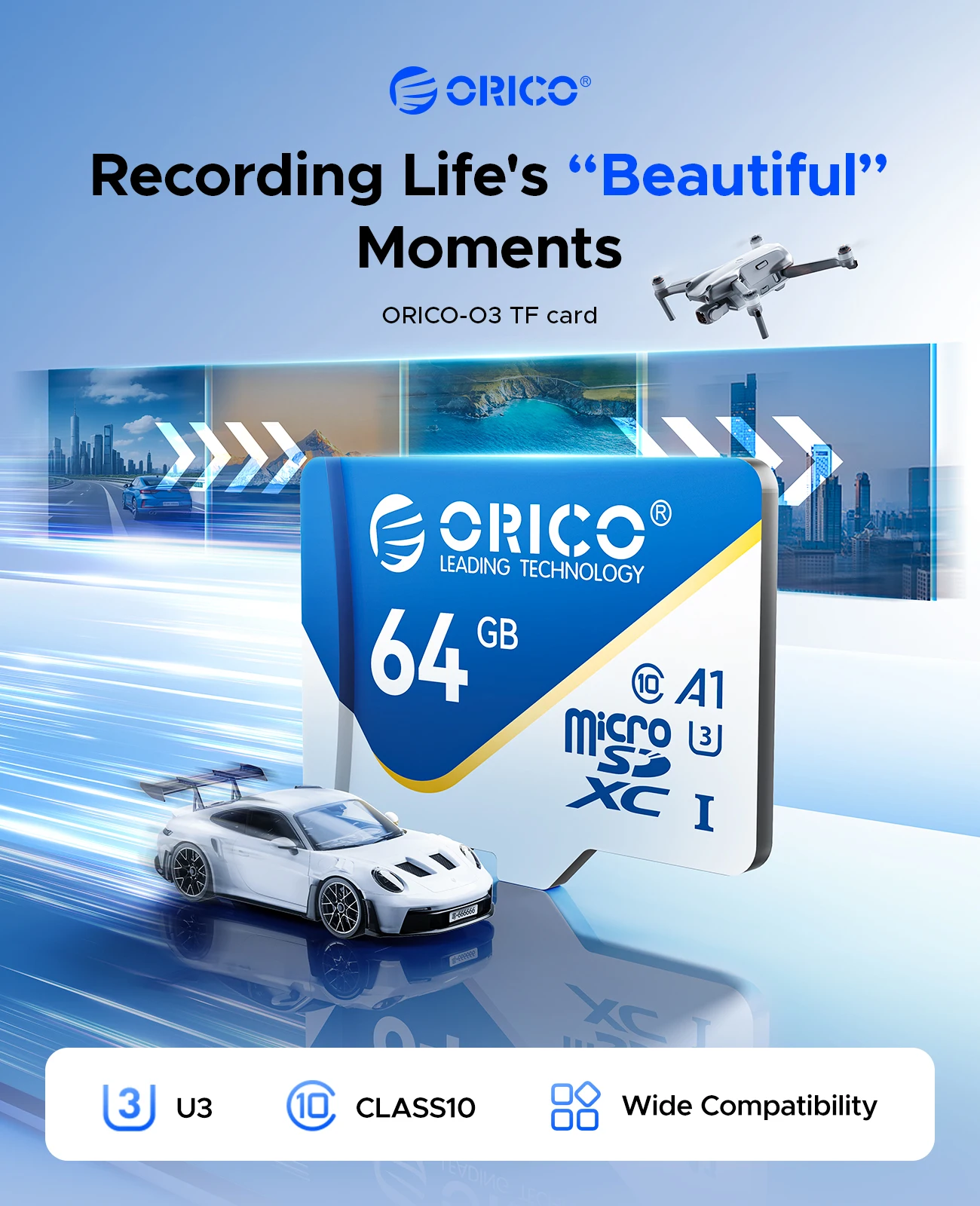 ORICO microSDXC UHS-I Memory Card, 70MB/s Read, 60MB/s, 4K UHD Recoding, U3, Class10, V30, A1, Micro SD for Camera 32GB 64GB