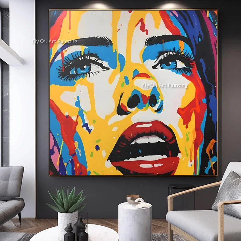 Large Colorful Woman Face Canvas Wall Art Handpainted Blue And Yellow Women Face Abstract Oil Painting Modern Art For Home Decor