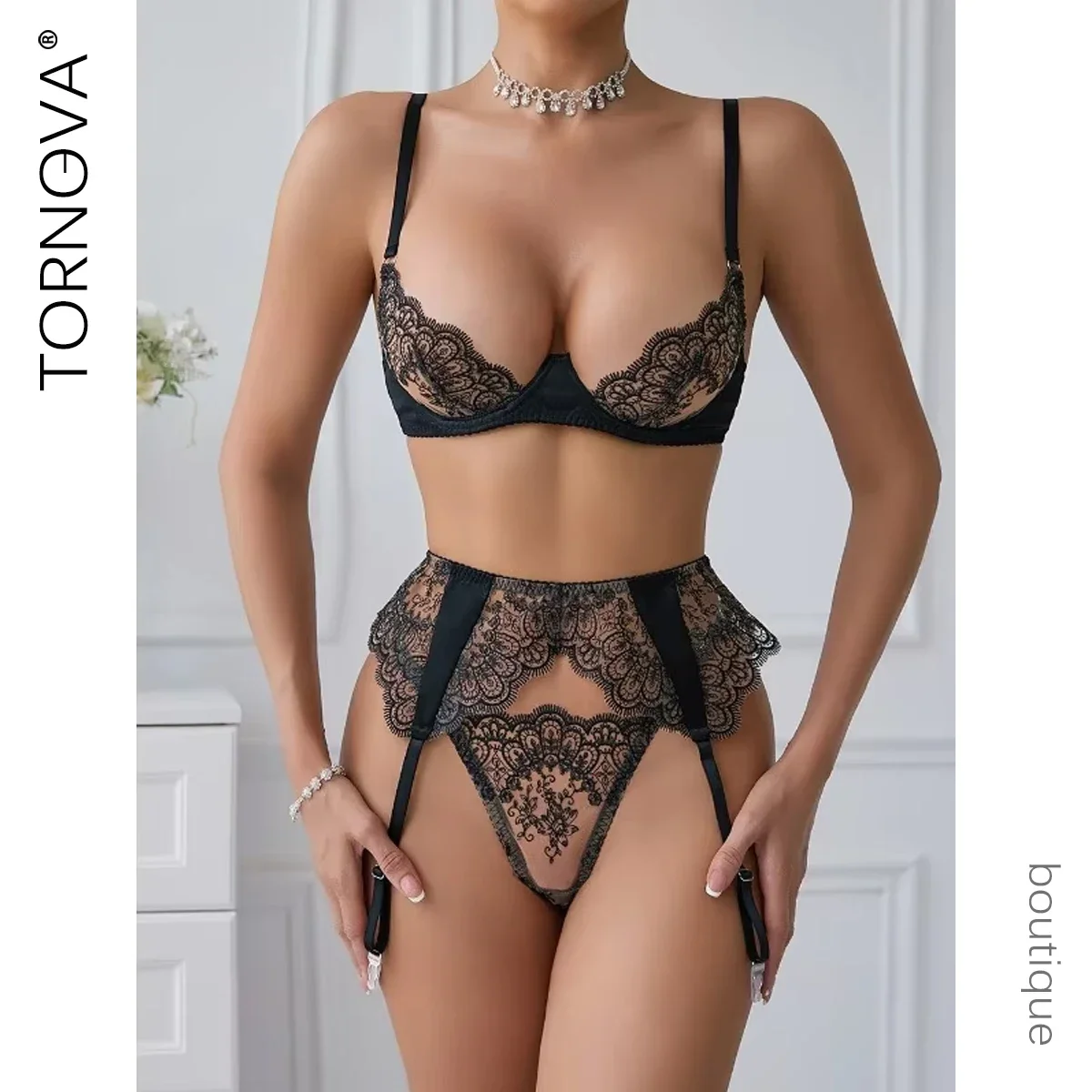 

Tornova Sexy Lingerie Lace Stitching See-through Slim Girdle Sexy Bra for Women Garters Interesting Embroidery Underwear Set New