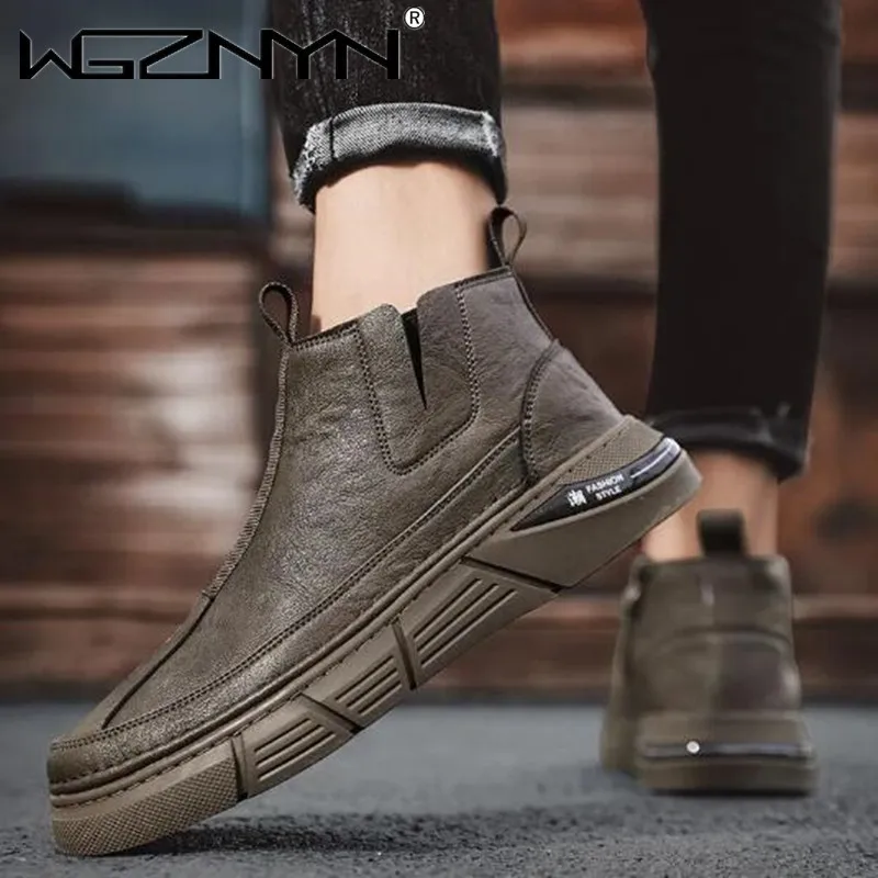 2024 Men\'s Boots Leather Casual Shoes Comfortable Breathable Solid Color Autumn Winter Men Loafers Plus Size Ankle Boots on Sale