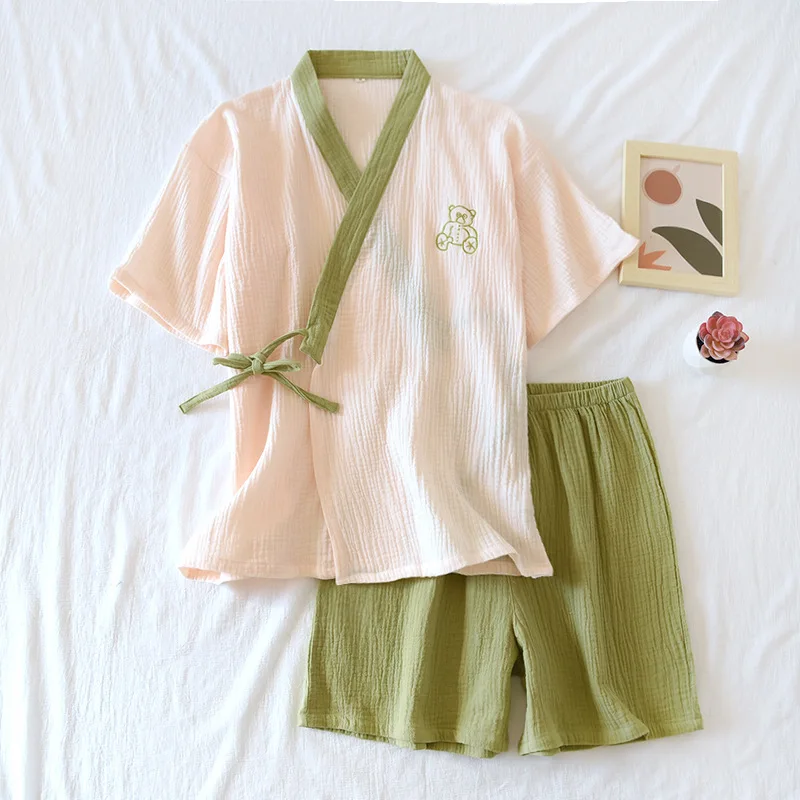 New spring and summer Japanese kimono suit ladies 100% cotton crepe short-sleeved shorts pajamas two-piece set thin straps women