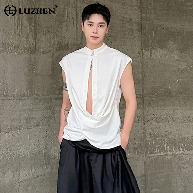

LUZHEN Trendy Hollow Asymmetric Sleeveless Pleated Design Vests Personality Stylish Street Men's Tank Tops Original Plain JY2568