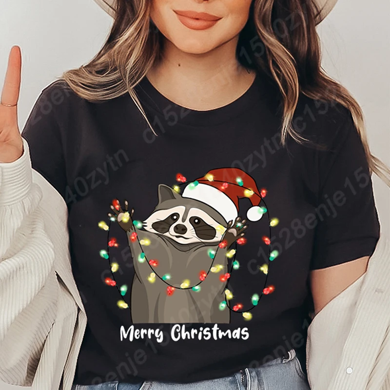 Christmas Light Racoon Merry Christmas Graphic T-Shirts Women Short Sleeve Round Neck Tee Shirts Summer Casual Ladies Loose Tops