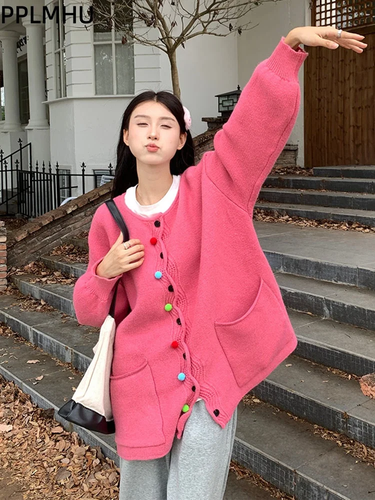 

Красочный однобортный вязаный свитер, кардиган, модный мешковатый кардиган с круглым вырезом и длинными рукавами, женская повседневная куртка, джемперы