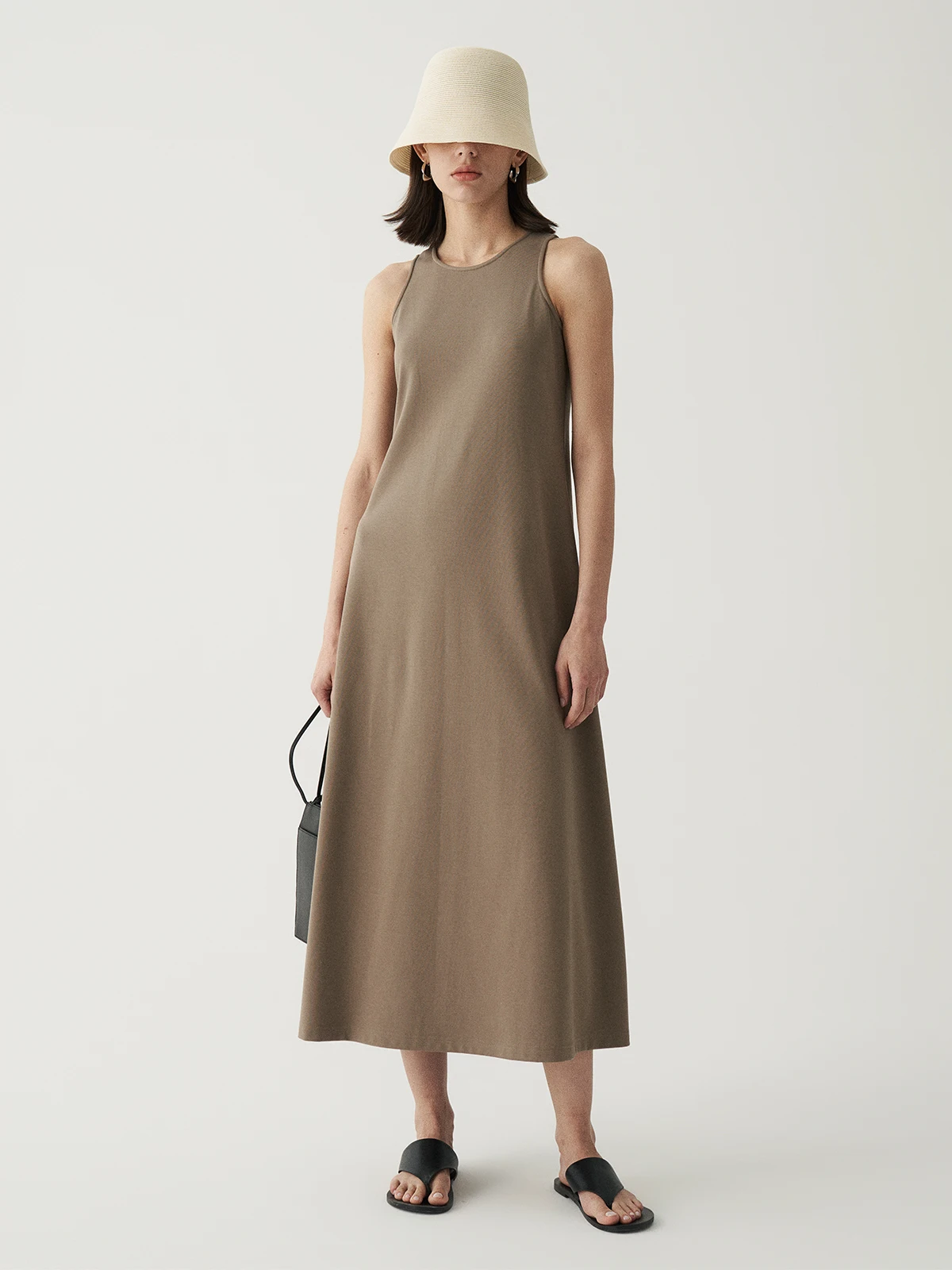 

Shallow Streams Summer round Neck Knitted Dress Sleeveless A-Line Gown Full Skirt Long Dress Casual Style Loose Waist Design