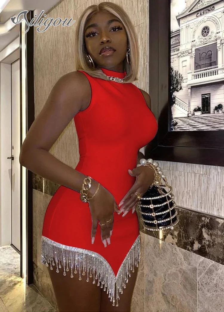 

Ailigou 2022 New Women'S Sleeveless O-Neck Diamond Tassel Bandage Dresses Bodycon Elegant Sexy Evening Mini Dress Vestidos