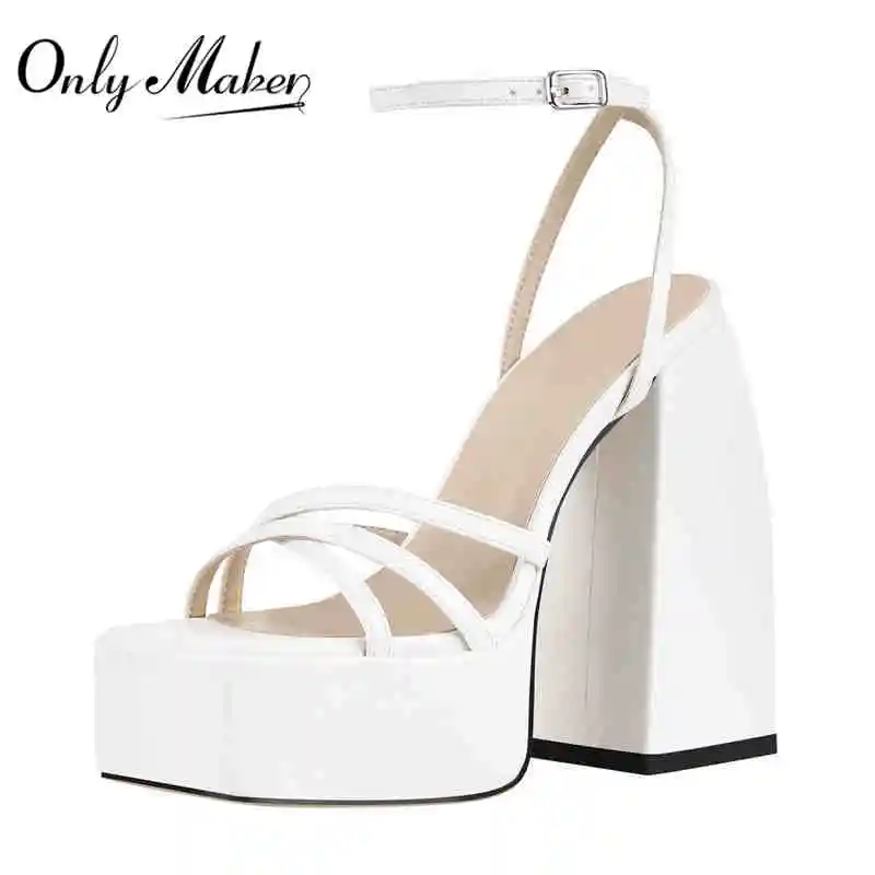 Onlymaker Brand Women White Ankle Strap Platform Chunky Heels Sandals Peep Toe High Heel Party Dress Summer Sandals