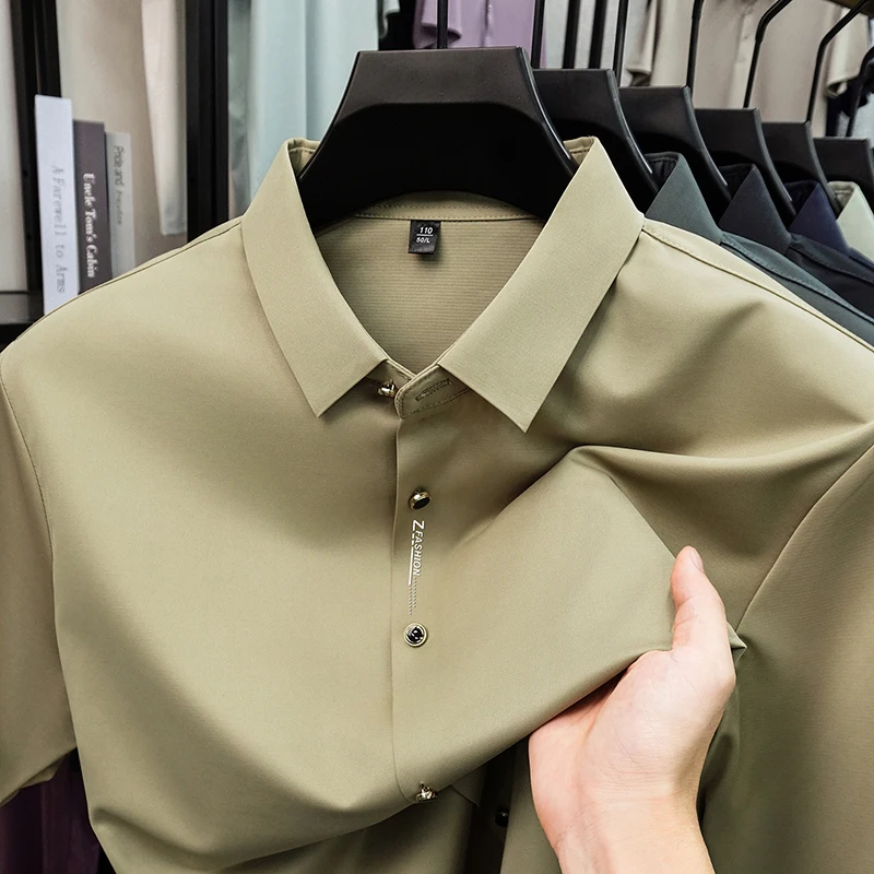 High end brand short sleeve men's shirt luxury new letter embossed summer breathable ice silk business casual solid color top