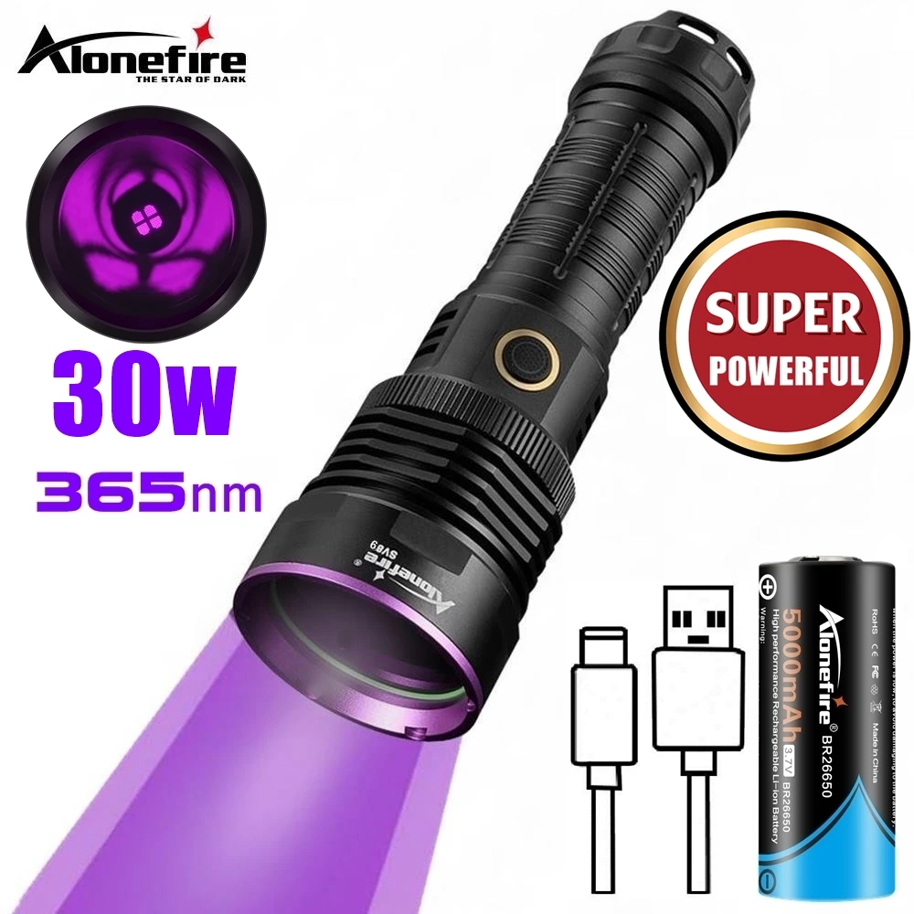 

30W High power 365nm LED UV Blacklight Flashlight USB Rechargeable Catdog Tinea Urine Stain Scorpion Money Ore Ultraviolet lamp
