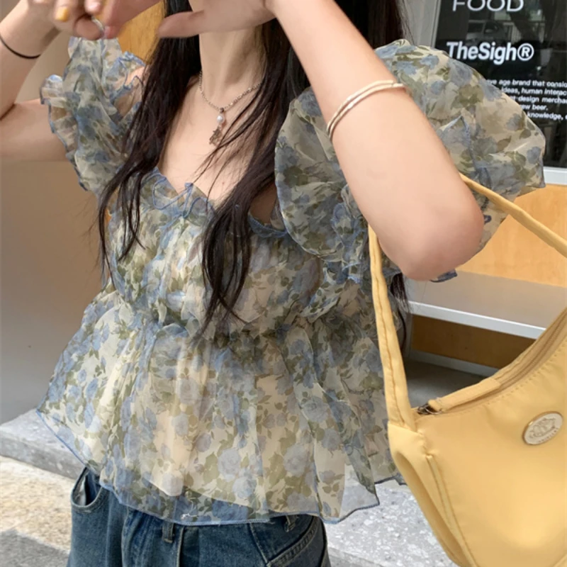 Women Blouse Fungus Thin Charming Aesthetic Summer Fairy Girlish Floral Mesh Puff Sleeve Korean Style Dating Shopper Delicate