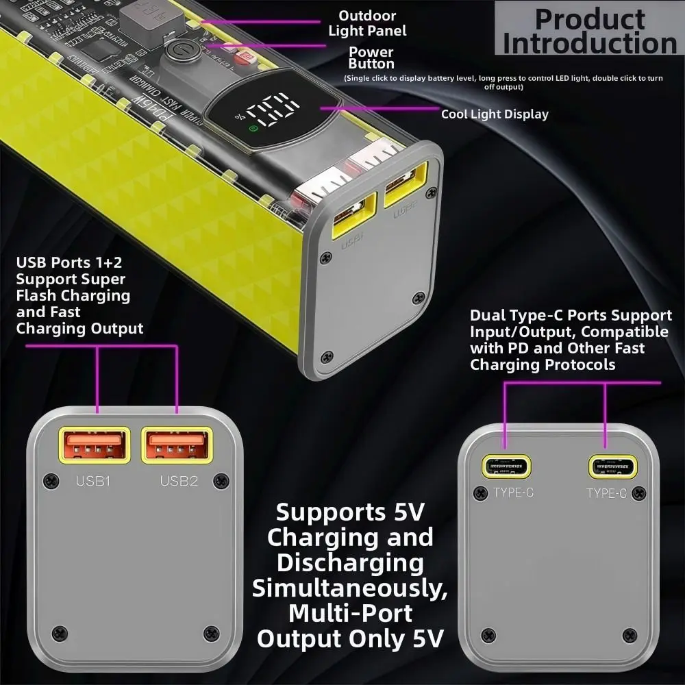 PD 22,5W 45W 8x18650 Powerbank-Gehäuse Schnelles Laden LED-Bildschirm Batterie-Aufbewahrungsbox Transparent USB+Typ-C Anschluss DIY Batteriebox