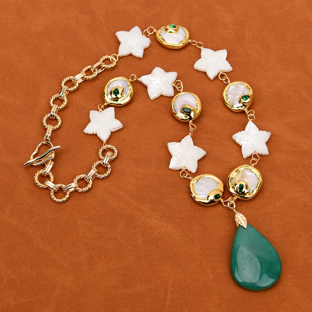 

G-G 22" Cultured White Keshi Coin Pearl Paved Green Crystal Starfish White Sea Shell Chain Necklace Big Amazonite Pendant