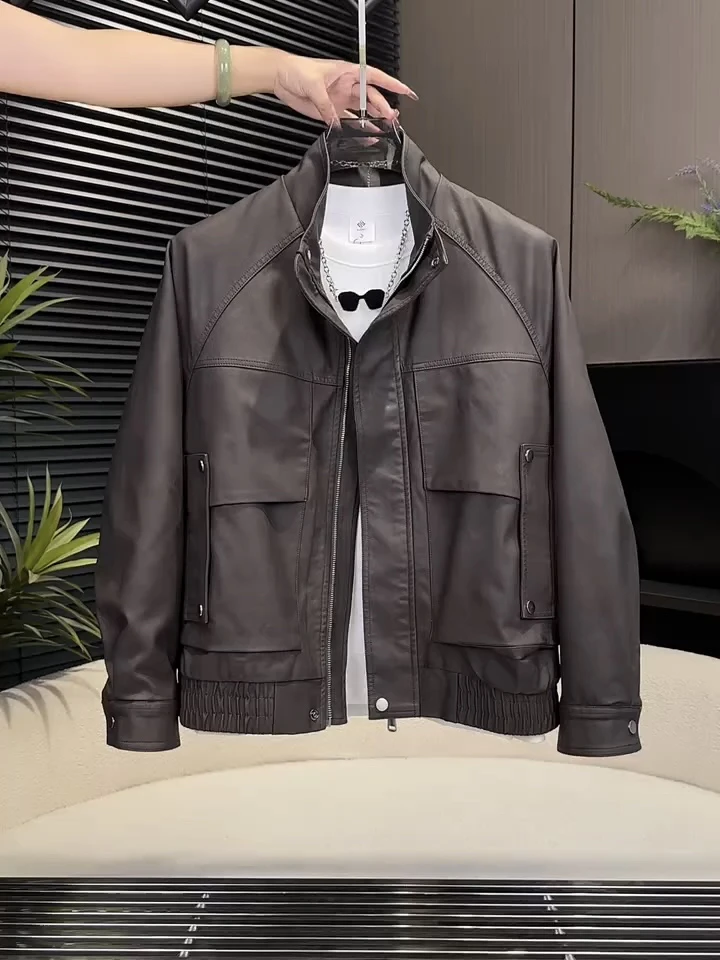 

Men's PU Leather Jaet Thiened Fce Lined Loose Fit Stand Collar Winter New Sle Cool Brand Motorcycle Clothes