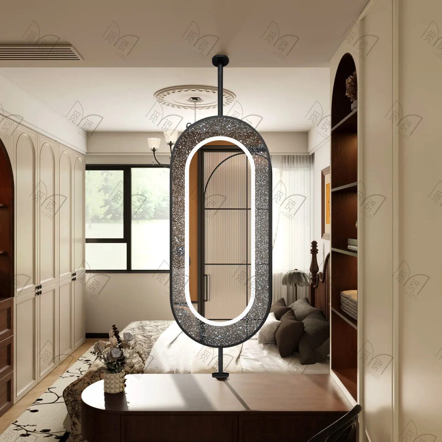 Rotatable creative smart starry sky luminous suspended mirror master bedroom dresser partition mirror