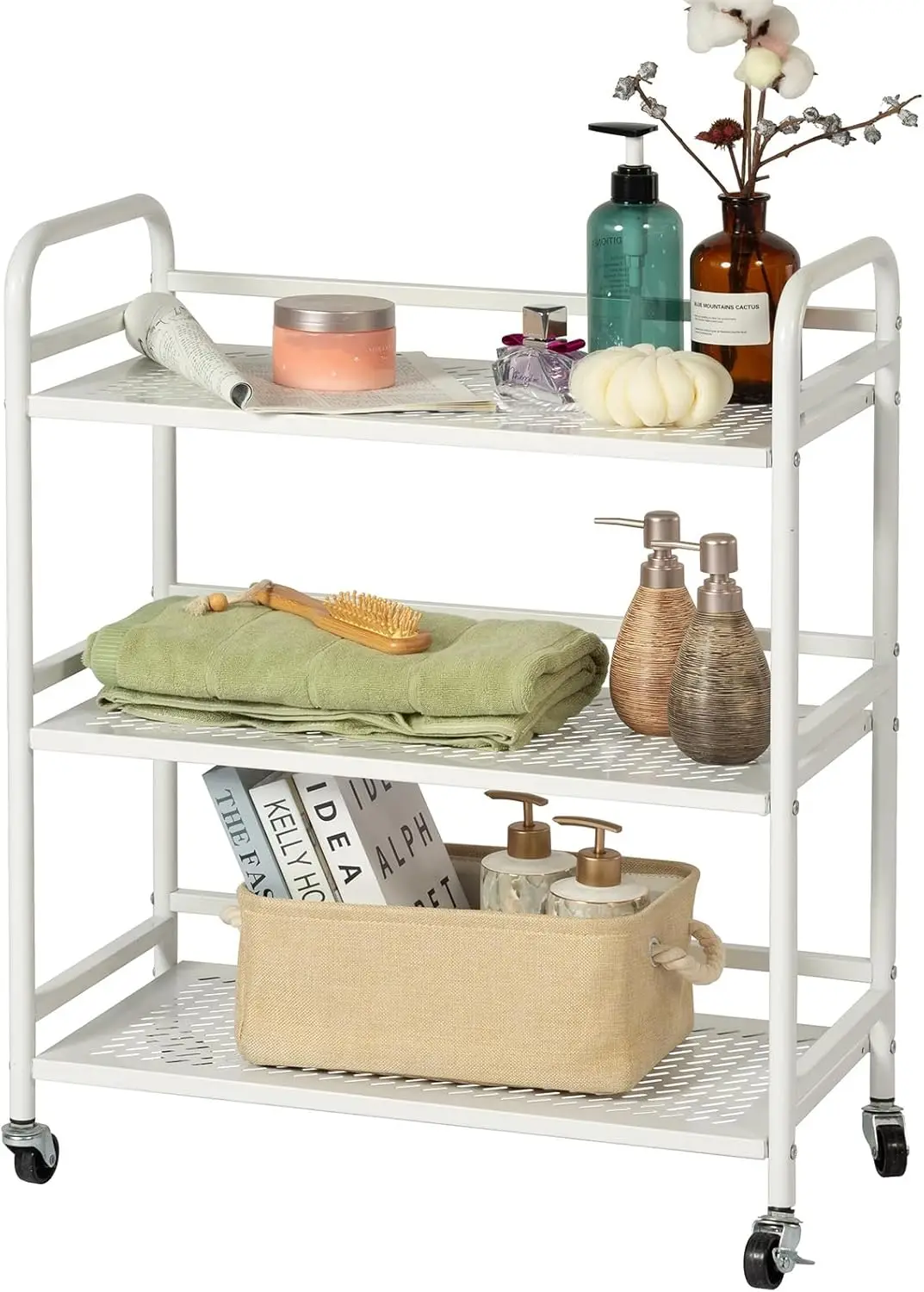 

3 Tier Metal Rolling Cart, Heavy Duty 40 Lbs Per Tier, Mesh Storage with 2 Lockable Wheels for Office, Home, Kitchen, White