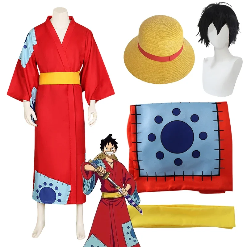 Disfraces de Halloween Luffy Cosplay Kimono Anime Monkey D Luffy Wano Country Cosplay disfraz peluca sombrero Yukata traje para hombres y mujeres