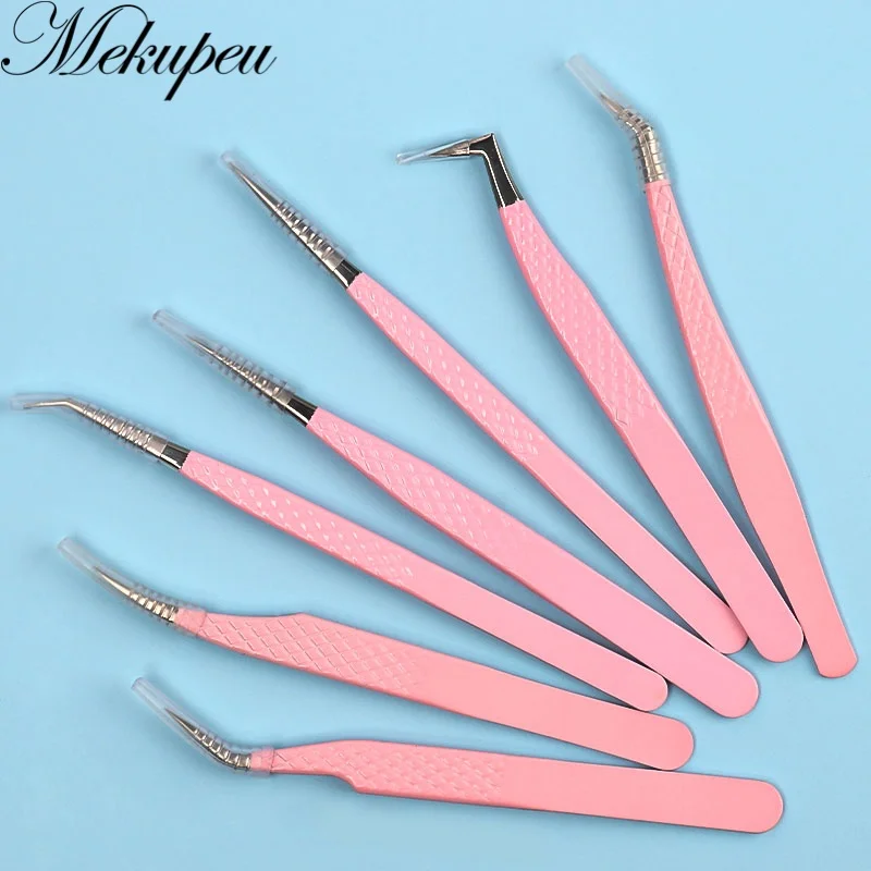 1pcs Eyelash Tweezers With Fiber Tips Pink Professional Stainless Steel Precision Tweezer For Lash Extension Clip Makeup Tool