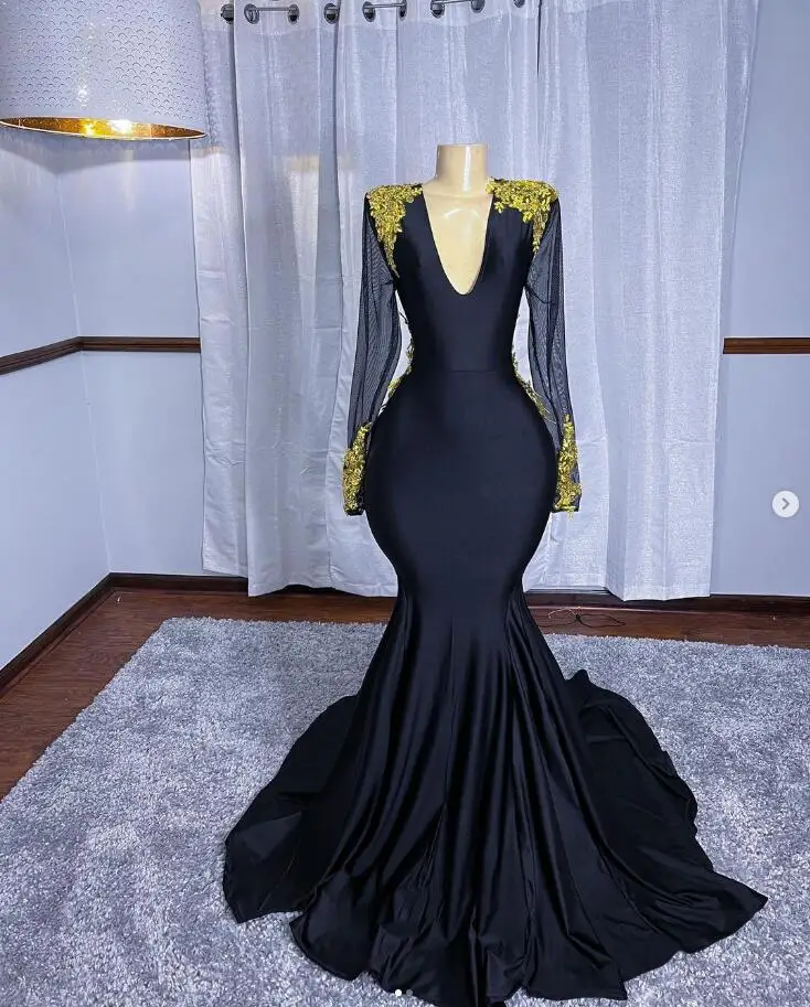 Black Long Sleeve First Lady's Reception Formal Gown Lace Applique Beaded Stain Sexy V-neck Prom Dress Robe De Bal