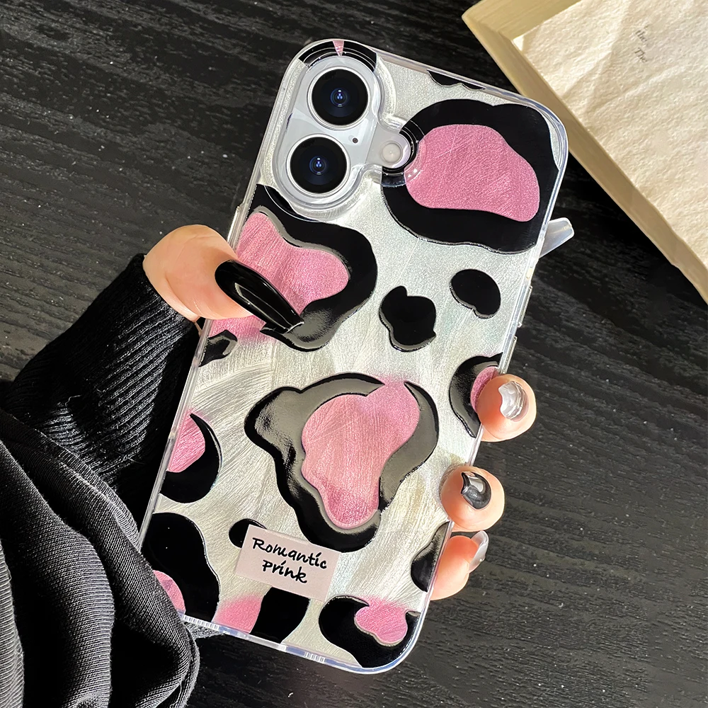 

Luxury Laser Silver Pink Leopard Phone Case for iPhone 17 Air 16 15 14 Plus 13 12 11 Pro Max Fundas Feather Texture Hard Cover