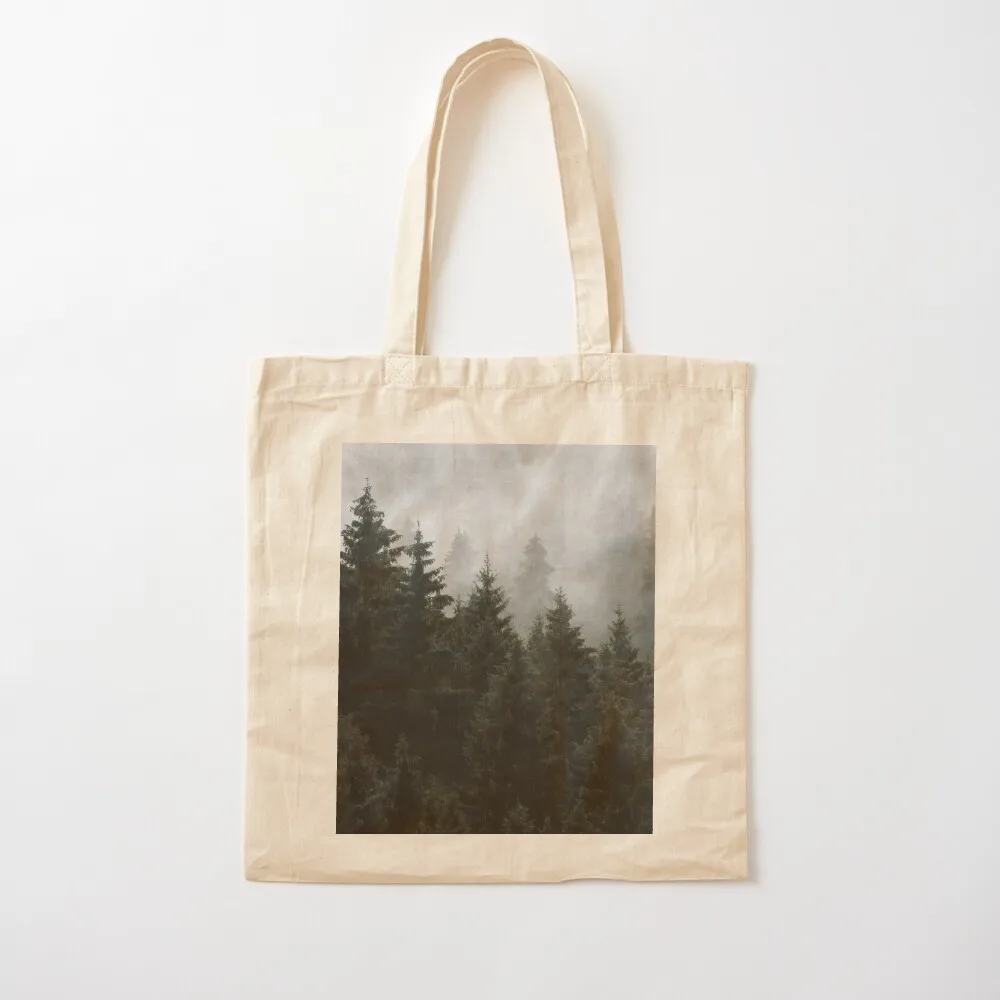 Waiting For // Misty Foggy Fairytale Forest With Cascadia Trees Covered In Magic Fog Tote Bag hand bag ladies Canvas bag