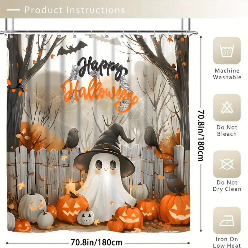 4pcs Complete Modern Bathroom Decoration - Halloween Themed Shower Curtain Set with 70.8x70.8 Inch Non-slip Design, 12 Hooks, Ba