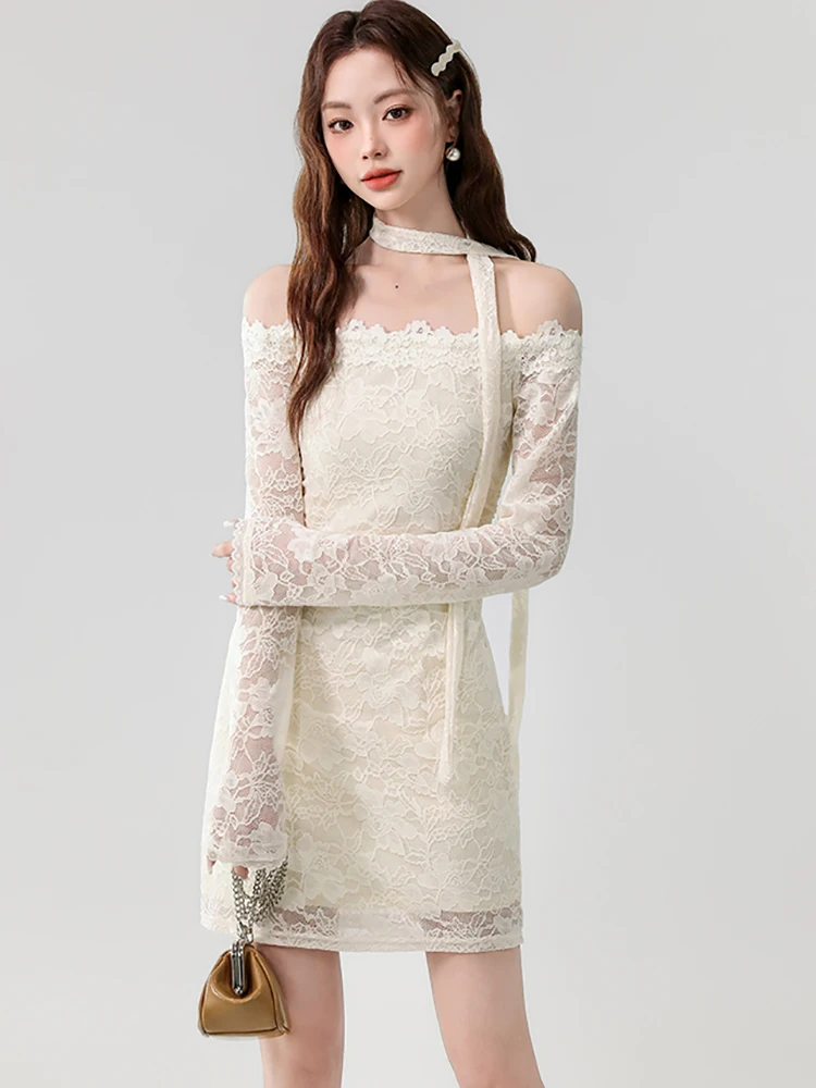여성 한국 패션 우아한 캐주얼 드레스 가을 화이트 레이스 자카드 가슴 랩 섹시 드레스 2025 우아한 바디콘 숏 드레스