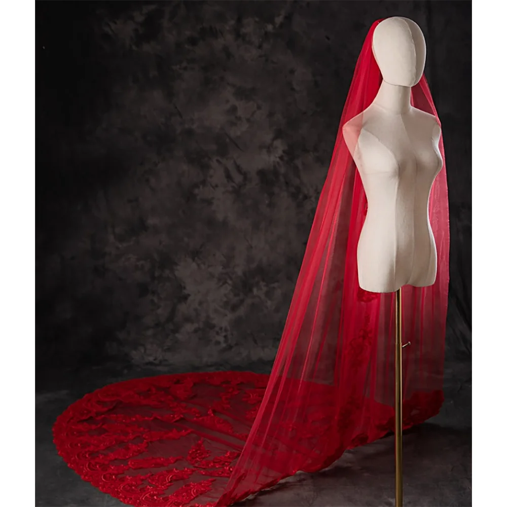 Gorgeous Red Bridal Veil Wedding Veils Floral Applique with Sequins Real Pictures Long