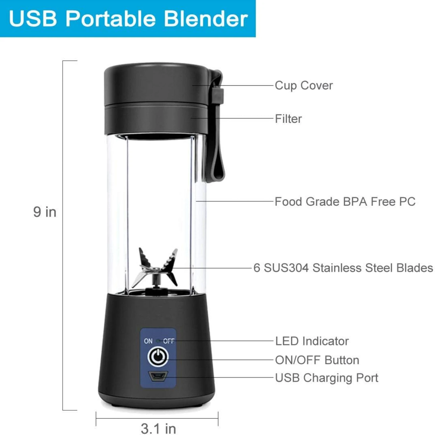 

Black Portable Personal Size USB Juicer Cup Blender with 2000mAh Rechargeable batteries, 13oz Fruit Mixer Machine for Shakes and