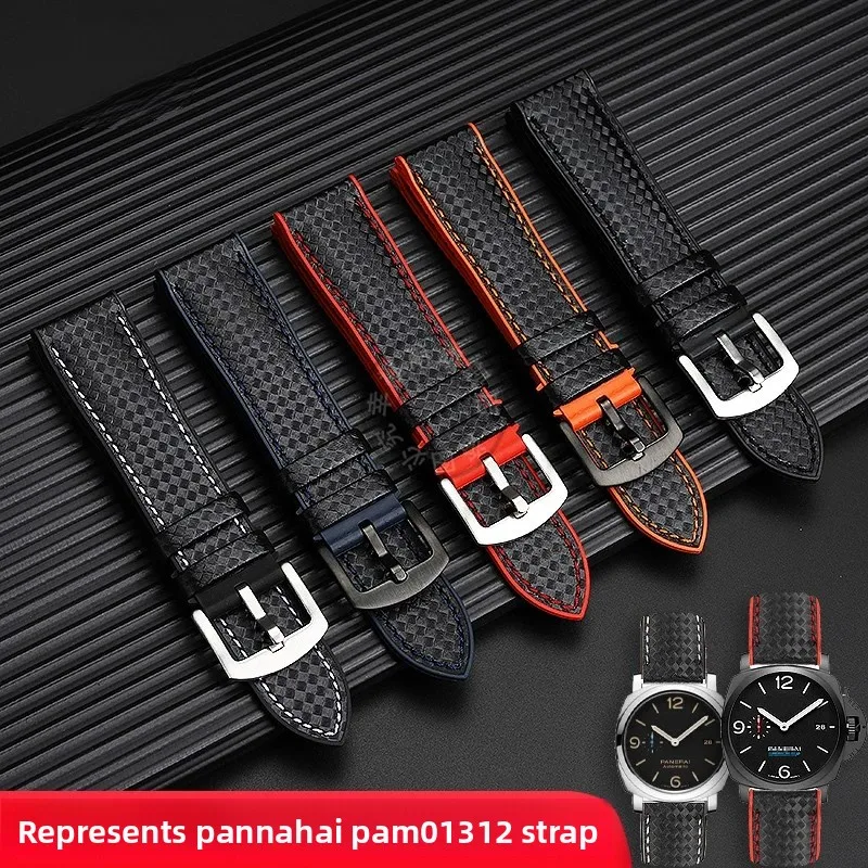 Carbon Fiber Leather FKM Rubber Sole Strap For Panerai LUMINOR PAM111 441 Men Silicone Watch band Replace Bracelet 20 22 24mm