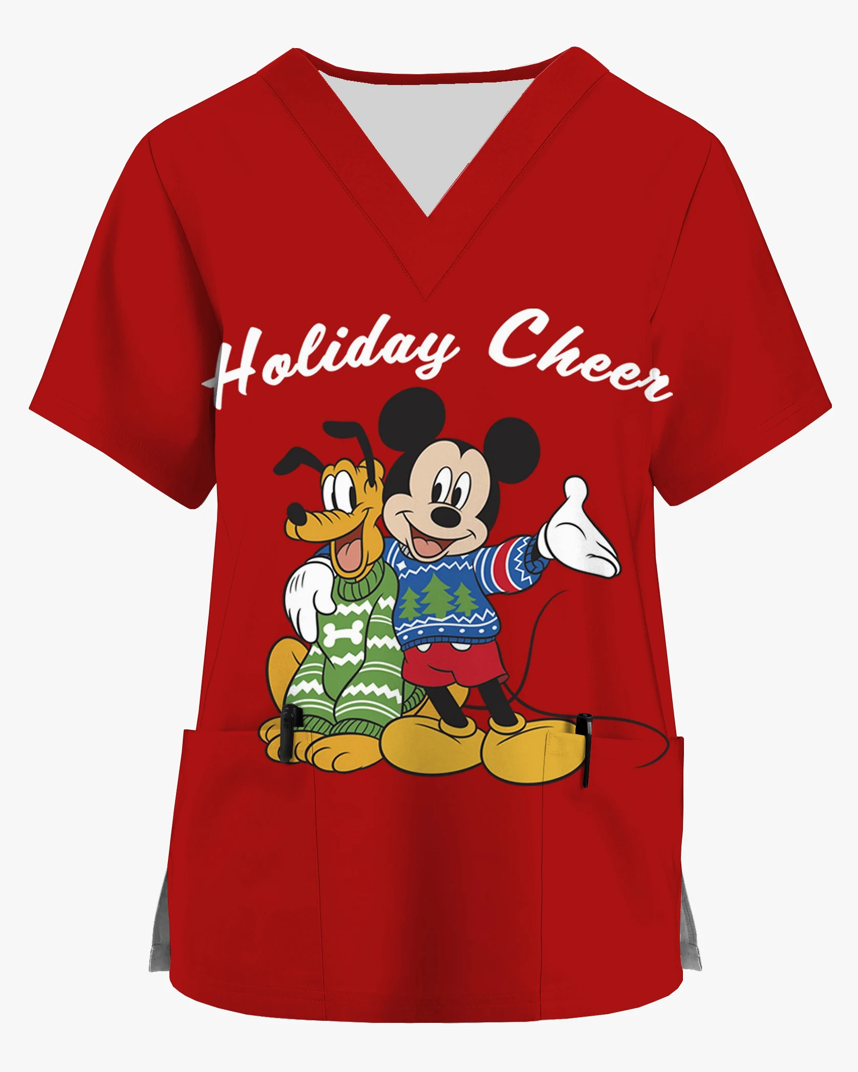 

New Christmas Disney Mickey Minnie Printed Pocket Shirt Women's Short Sleeve V-Neck Men's Top Hospital Pet Shop Work Uniform