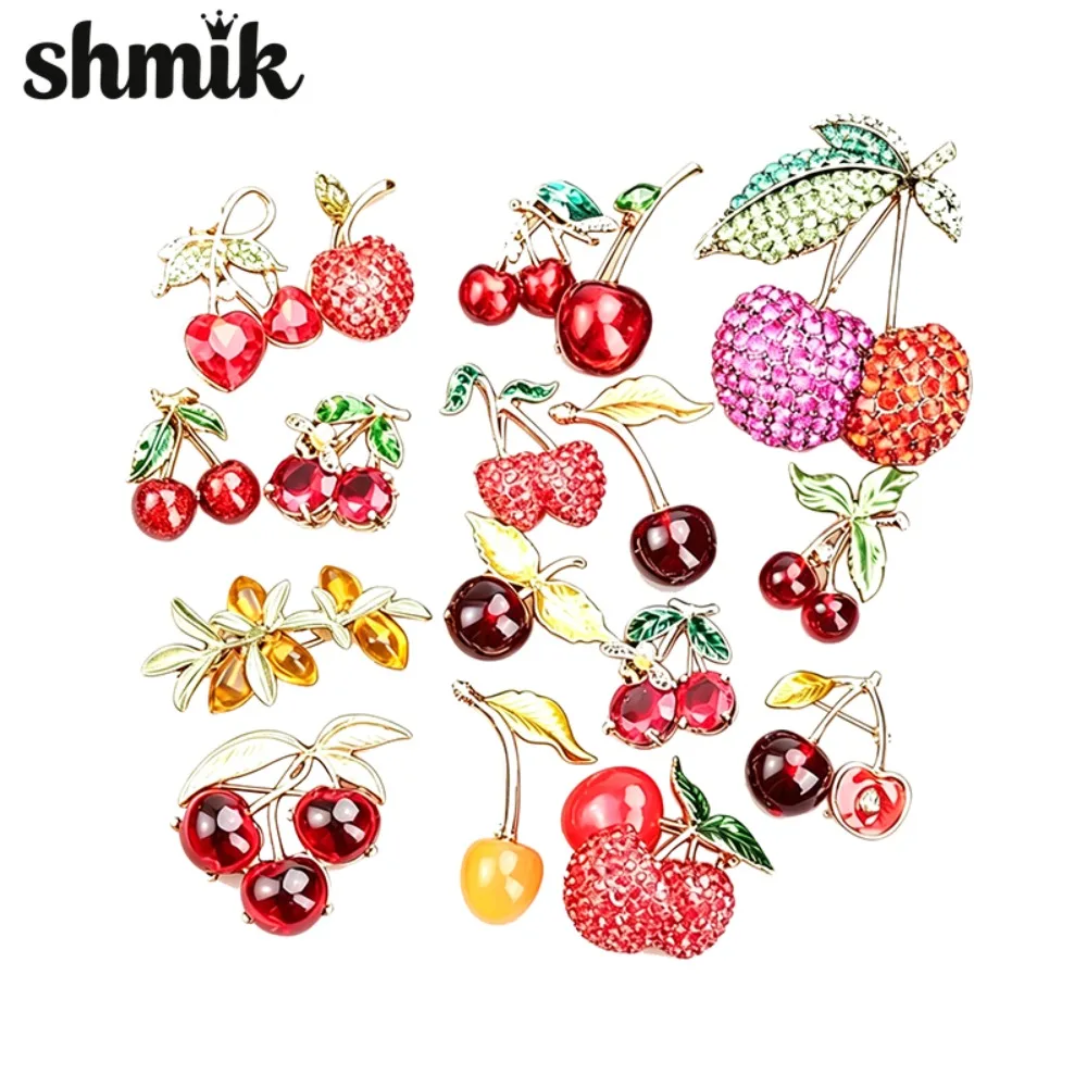 Frucht-Kirschbrosche mit Strass & Emaille, Niedliche Kirschbroschen für Damen, Schmuckzubehör für Mantel und Schal