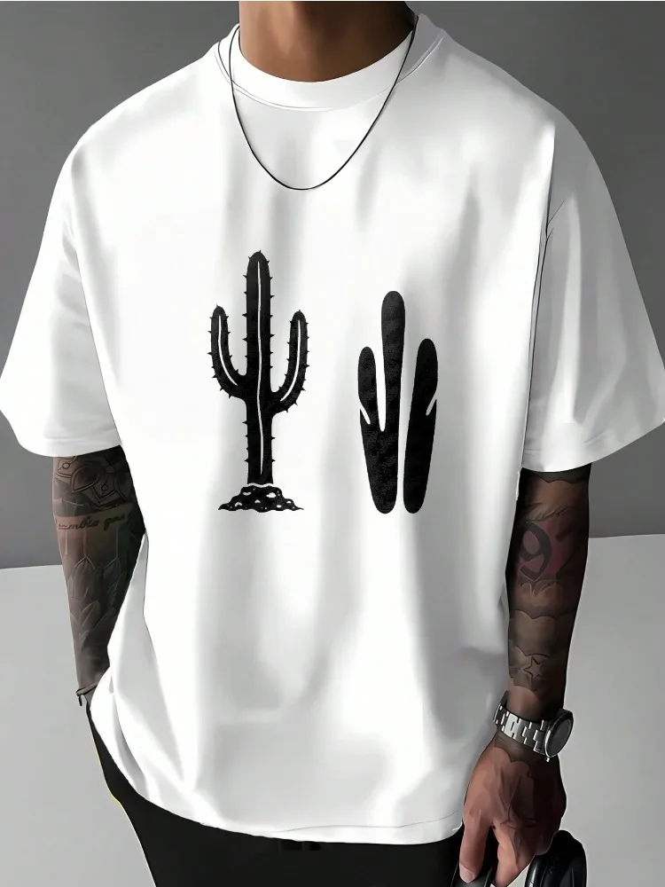 Simple Two Cactus Silhouette Print Mens Loose Oversized Crew Neck Short Sleeve Cotton Tee Desert Casual Summer Streetwear Top