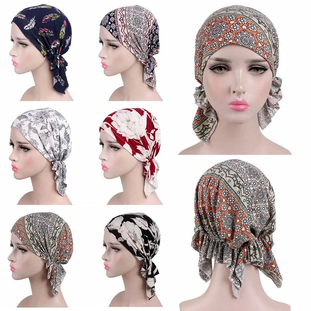 Elastic Floral Print Turban Warmer Tube Women National Wind Fashion Casual Cotton Hat Bandana Chemotherapy Hat Sleep Cap
