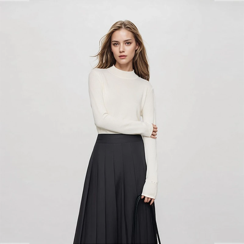 

Elegant and ladylike solid color round neck slim fit inner long sleeved top with rhinestone base sweater women's clothing