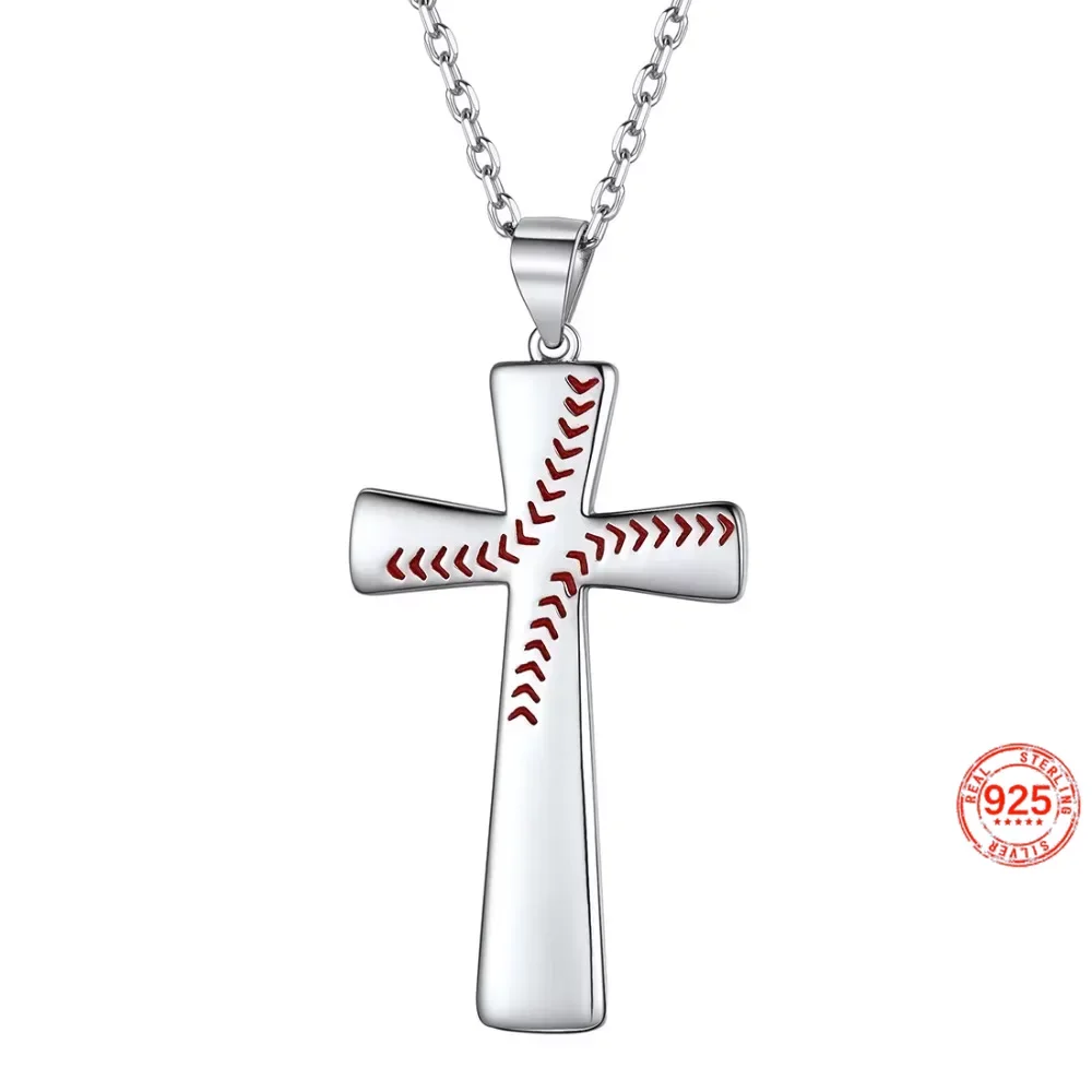 925 Sterling Silver Baseball Cross Necklace with 18 Inches Rolo Chain Jewelry Gift for Sport LoverQC24