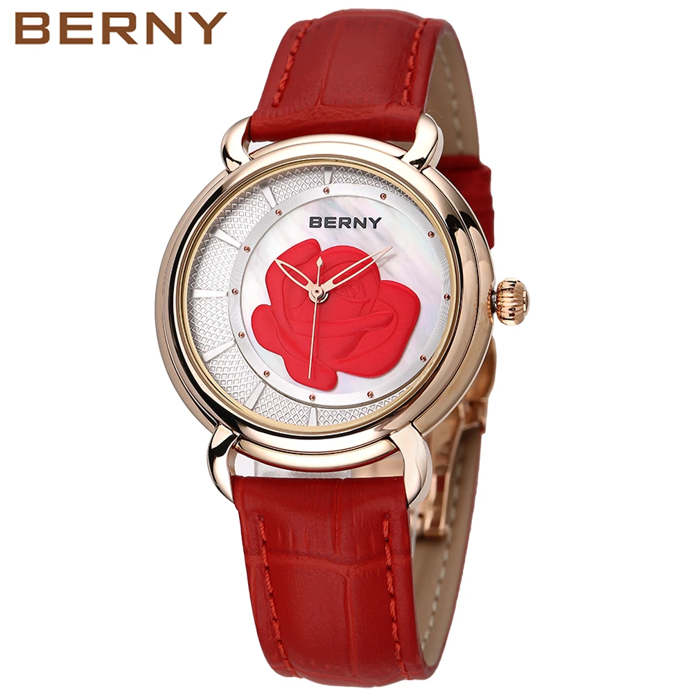 BERNY Luxury Women Quartz Watch Leather Strap Elegant Female Design Flower Waterpoof Fashion Diamond Watch for Ladies Wristwatch