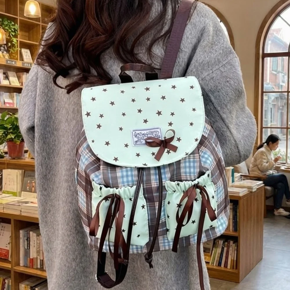 

Японская модная сумка-рюкзак с двойными лямками, милый принт в виде звезд, клетчатый узор, школьный рюкзак для студентов, контрастный цвет, мятно-зеленый рюкзак