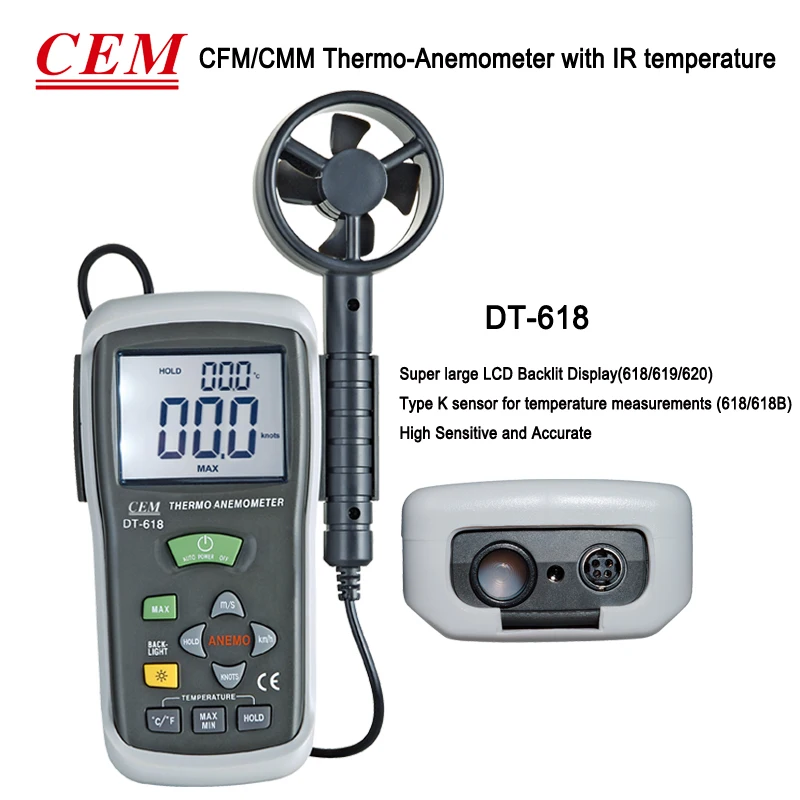 CEM DT-618 Handheld Multifunction Air Velocity Meter 0.40~30.00m/s with Wide Temperature Range  -10-60ºC(14-140ºF)  Large LCD Ba