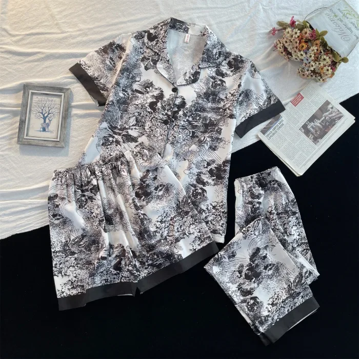 3 Piece Short Sleeve Pants Floral Print Woman Satin Pajama Sets Ensembles Lady Outfit Lounge Women Pijama Sleepwear Pj