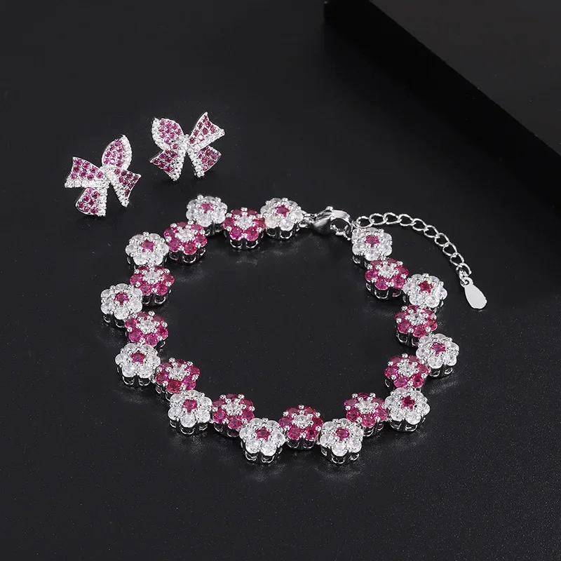 

Woman 2024 Trendy Charms Bow Stud Earrings Bracelets on Hand Red Flower Crystal Wedding Anniversary Set Luxury Dubai Jewelry