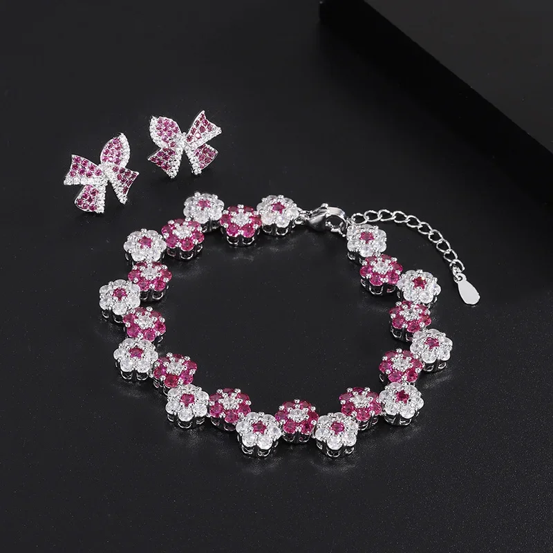 Woman 2025 Trendy Charms Bow Stud Earrings Bracelets on Hand Red Flower Crystal Wedding Anniversary Set Luxury Dubai Jewelry